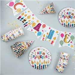 Набор бумажной посуды «С днём рождения. Праздничные свечи»: 6 тарелок, 6 стаканов, 6 колпаков, 1 гирлянда