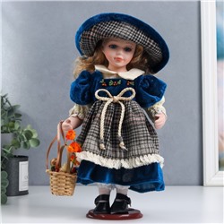 Кукла коллекционная керамика "Тася в барх.синем платье с передник-клетка, с корзиной" 30 см   626092