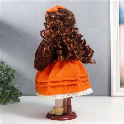 Кукла коллекционная керамика "Василиса в ярко-оранжевом платье, с рюшами, с сумочкой" 30 см   758616