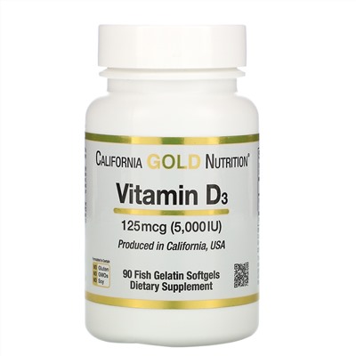 California Gold Nutrition, Витамин D3, 125 мкг (5000 МЕ), 90 рыбно-желатиновых мягких таблеток