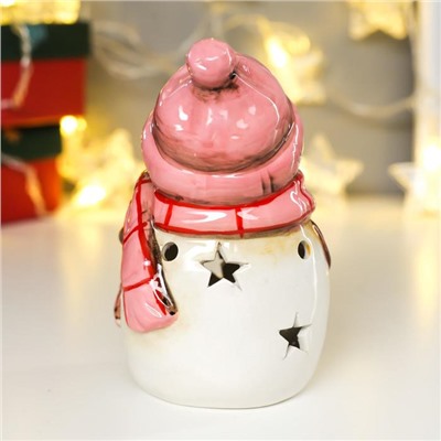 Сувенир керамика свет "Снеговик в розовой вязаной шапке и шарфе" 13,5х8х8,3 см