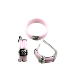 Набор серьги с кольцом керамика розовая посеребренный