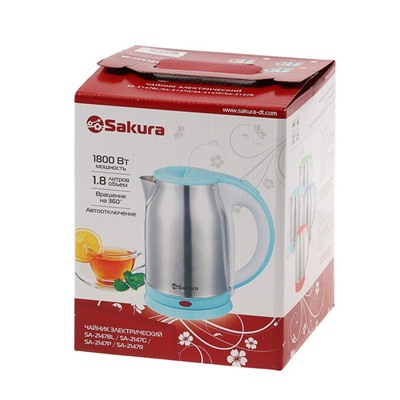 Чайник электрический Sakura SA-2147BL, металл, 1.8 л, 1800 Вт, голубой