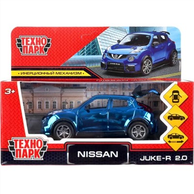 Технопарк мод.  металл. инерц. JUKE-12CH-BU Машина Nissan Juke-R 2.0 хром 12см, открыв. двери, синий в/к в кор.2*36шт