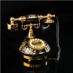 Ретро телефон, круглый, чёрный с золотистыми рисунками, керамика, пластик, 16х26х22 см