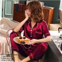 Пижама женская со штанами / с брюками и рубашкой для сна шелк однотонная бордовая ,46