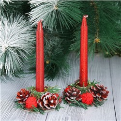 Новогодние свечи с подсвечником "Красный блеск" (набор 4 шт) 3,5*11*15 см
