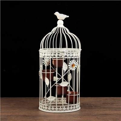 Подсвечник металл на 4 свечи "Клетка с птицей и бабочкой" белый 42,5х19х19 см