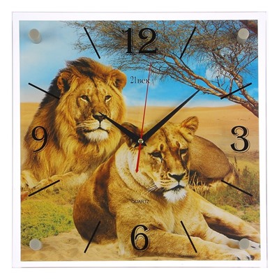 Часы настенные, серия: Животный мир, "Лев и львица", 35х35 см