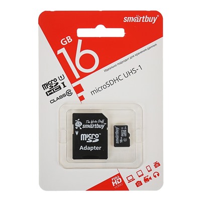 Карта памяти microSDHC Smartbuy 16GB, class 10 + адаптер