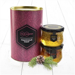 Медовый набор "Люкс фиолетовый тубус" с кедровыми орешками и ассорти из сухофруктов мёд