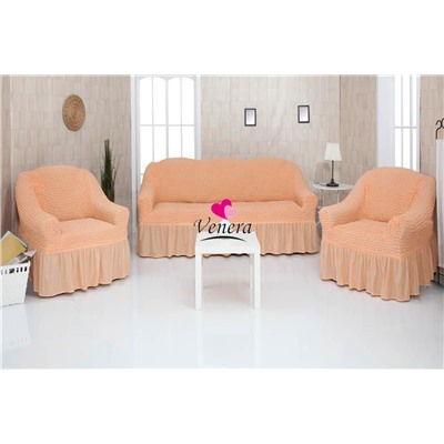 Комплект чехлов на трехместный диван и 2 кресла с оборкой персик 227, Характеристики