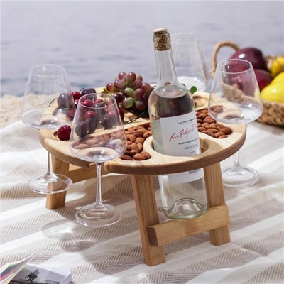 Столик-поднос для вина с менажницей и складными ножками Adelica, на 4 персоны, d=35×2,8 см, берёза