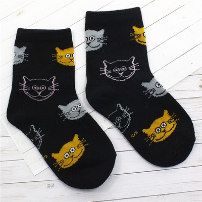 Детские носки 3-5 лет 15-18 см "Котики" Чёрные с жёлтым котиком