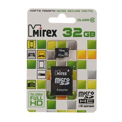 Карта памяти microSD Mirex 32 Gb class 10, с адаптером