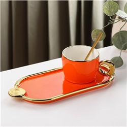 Чайная пара «Акварель», чашка 200 мл, блюдце, ложка, цвет оранжевый