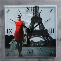 Часы настенные, серия: Люди, "Девушка в красном платье в Париже", 50х50 см