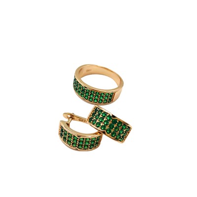 Набор серьги с кольцом россыпь цирконов зеленый позолоченный