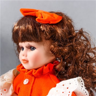 Кукла коллекционная керамика "Агата в ярко-оранжевом платье и банте, с рюшами" 30 см