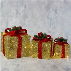 Светодиодная фигура «Подарки с красной лентой» 15, 20, 25 см, текстиль, металл, 220 В, 8 режимов, свечение тёплое белое