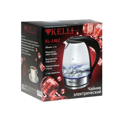 Чайник электрический KELLI KL-1462, стекло, 1.7 л, 2200 Вт, чёрно-серебристый