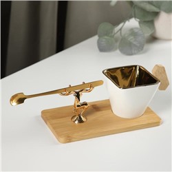 Кофейная пара «Золотой олень», чашка 90 мл, деревянная подставка 16×16×1,5 см, цвет белый
