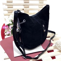 Стильная сумка Mondiale с ремнем через плечо из натуральной замши и эко-кожи чёрного цвета.