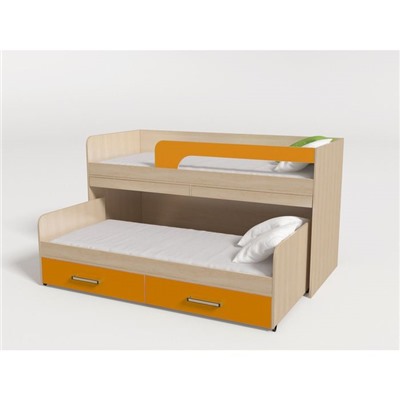 Кровать 2-ярусная №11, дуб молочный/оранжевый, с матрасами