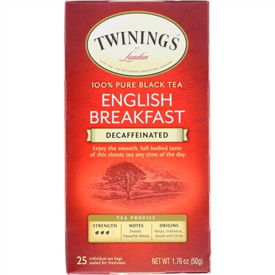 Twinings, 100% Pure Black Tea, English Breakfast, Decaffeinated, 25 Tea Bags, 1.76 oz (50 g)