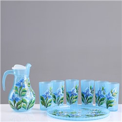 Набор для сока с подносом "Ирис" художественная роспись, 6 стаканов 1250/200 мл, синий