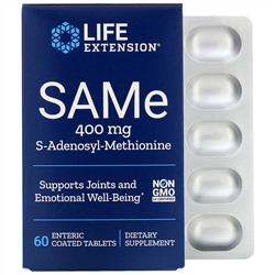 Life Extension, SAMe, S-аденозил-метионин, 400 мг, 60 таблеток, покрытых кишечнорастворимой оболочкой