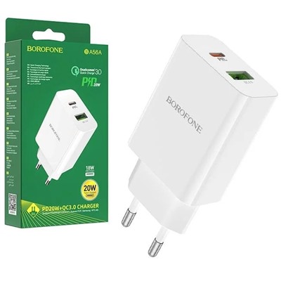 Сетевой адаптер питания BOROFONE BA56A PD 20W+ QC 3.0 (белый)