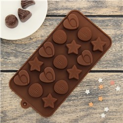 Форма для льда и шоколада «Звёзды, ракушки, сердца», 20,6×10,3×1 см, 15 ячеек, цвет шоколадный