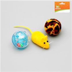 Набор игрушек для кошек: мышь 6 см и 2 шарика, микс цветов