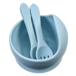 Набор для кормления: миска, вилка, ложка, цвет голубой