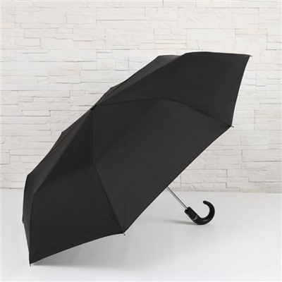 Зонт автоматический «Однотонный», кожаная ручка, 3 сложения, 8 спиц, R = 52 см, цвет чёрный