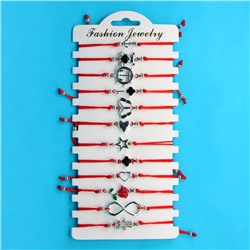 KNN015S Набор браслетов из красной нити в ассортименте Ассорти №3, 12шт, цвет серебр.