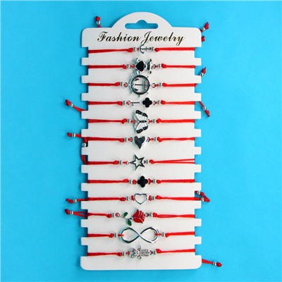 KNN015S Набор браслетов из красной нити в ассортименте Ассорти №3, 12шт, цвет серебр.