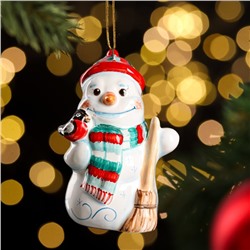 Сувенир "Снеговик со снегирём", ярославская майолика, h=8 см