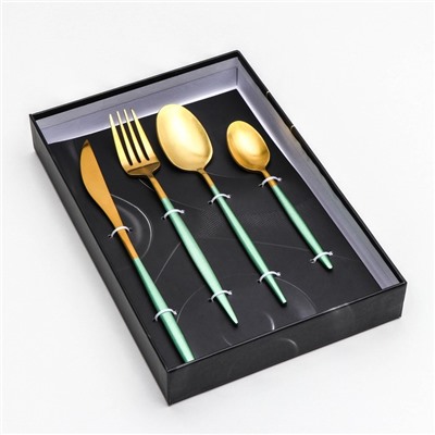 Набор столовых приборов Magistro «Оску базис», 4 предмета, цвет металла золотой, зеленая ручка