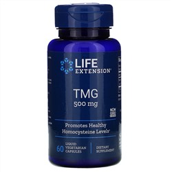 Life Extension, TMG (триметилглицин), 500 мг, 60 вегетарианских капсул с жидким содержимым