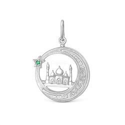 Подвеска мусульманская из серебра с зелёным фианитом родированная м-50010061р