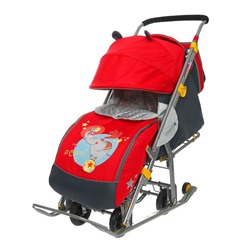 Санки-коляска «Ника детям 7 - девочка и слон» с выдвижными колёсами, цвет красный