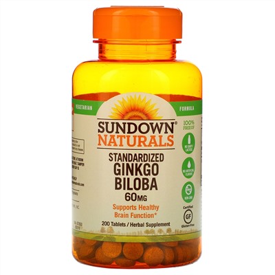 Sundown Naturals, стандартизированный гинкго билоба, 60 мг, 200 таблеток