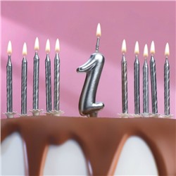 Набор свечей для торта (2 в 1) серебряная Цифра "1" + Свечи "С Днём Рождения" серебро 10шт