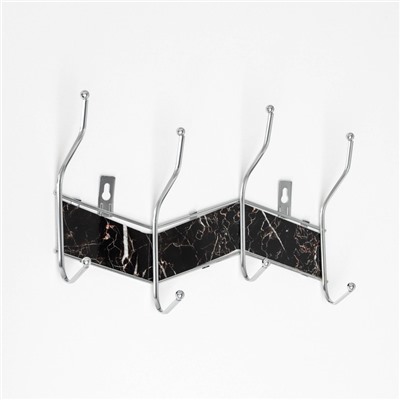 Вешалка настенная Доляна «Чёрный мрамор», на 4 двойных крючка, 27,5×18,7×7,5 см