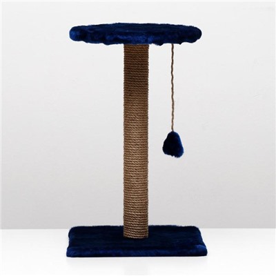 Когтеточка "Столбик" с круглой полкой и игрушкой, 35 х 35 х 60 см, синяя