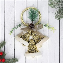 Украшение новогоднее "Три колокольчика с шишкой и веточками" 15х22 см, золото