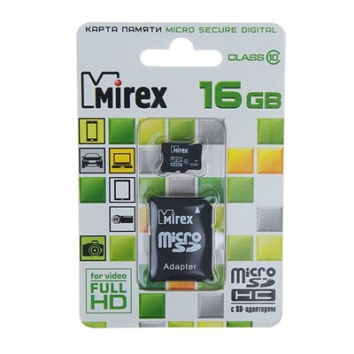 Карта памяти microSDHC MIREX 16Gb (class 10) + адаптер