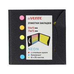 Закладки с клеевым краем (стикеры), бумажные 15 х 50 мм, 75 х 75 мм, 6 цветов х 25 листов deVENTE Neon, крафтовая упаковка